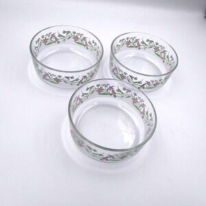 Set of 3 Bormioli Rocco Italy Clear Floral Glass Bowls 4.75" Pastel Frosted Band